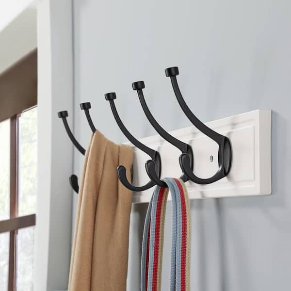 Home Decorators Collection 27 in. White Hook Rack with 5 Matte Black Pilltop Hooks (2-Pack)