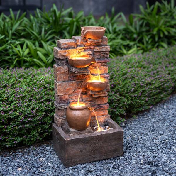 thumbnail image 2 of Outsunny 40" Tall Outdoor Water Fountain With LED Lights - Adjustable Flow, Brown Steel 2 of 13