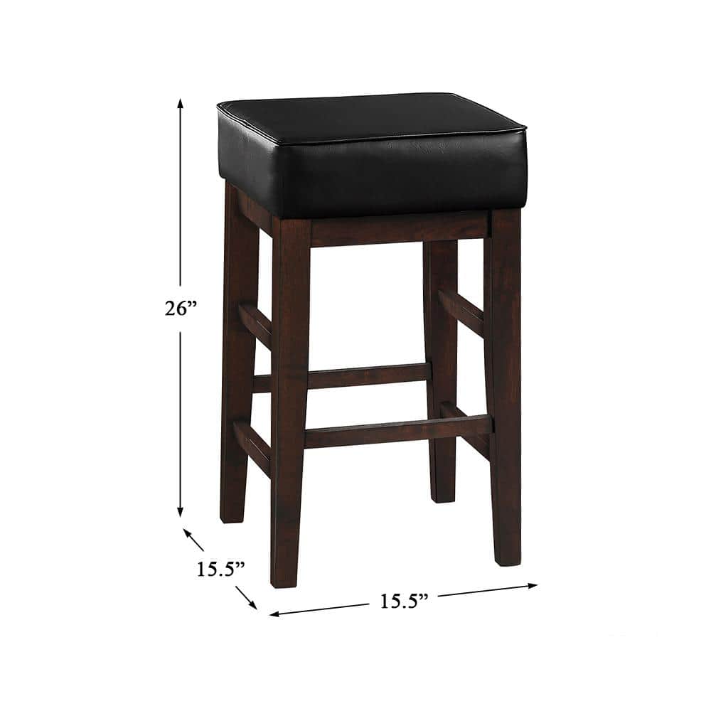 Black Faux Leather and Wood Backless Counter Stools, 26 Inch