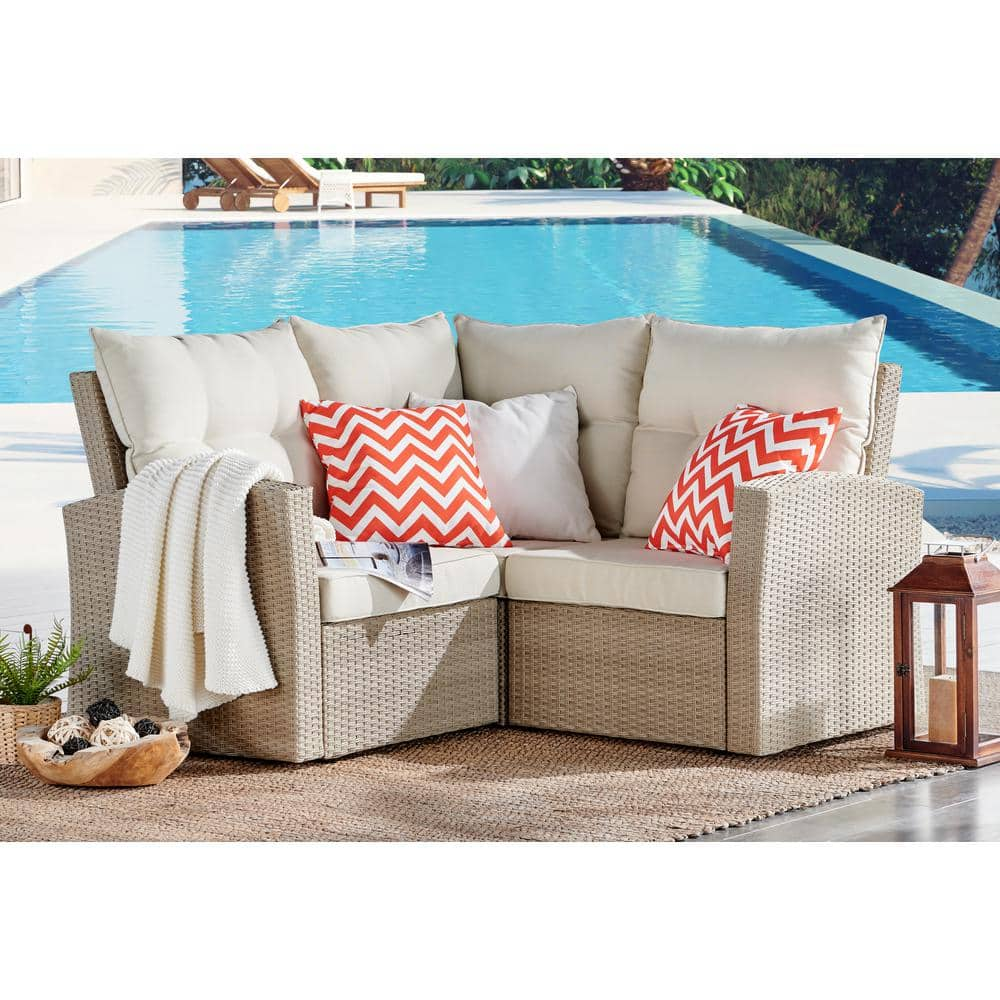 Canaan Beige All-Weather Wicker Corner Sectional Sofa with Cushions with Cream Cushions -  Alaterre Furniture, AWWC01225CC