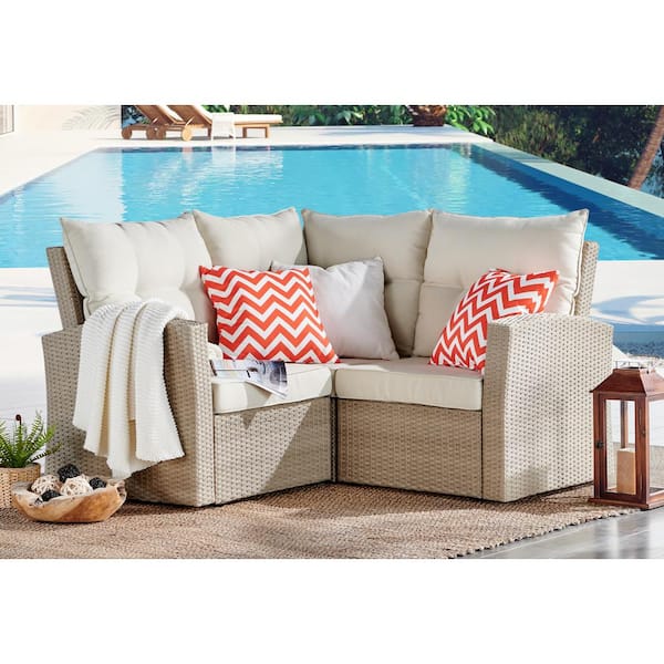 Pure Garden Canaan Beige All-Weather Wicker Corner Sectional Sofa with Cushions with Cream Cushions