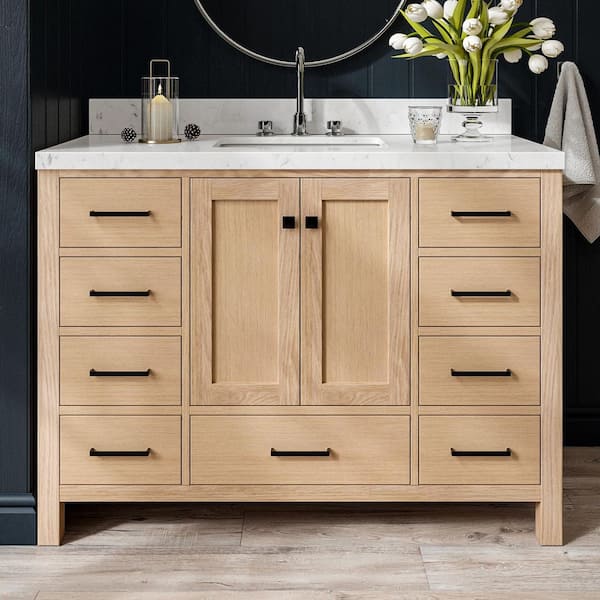 Cambridge 48 in. W x 22 in. D x 36 in. H Single Rectangle Sink Bath Vanity in Oak with Carrara White Quartz Top