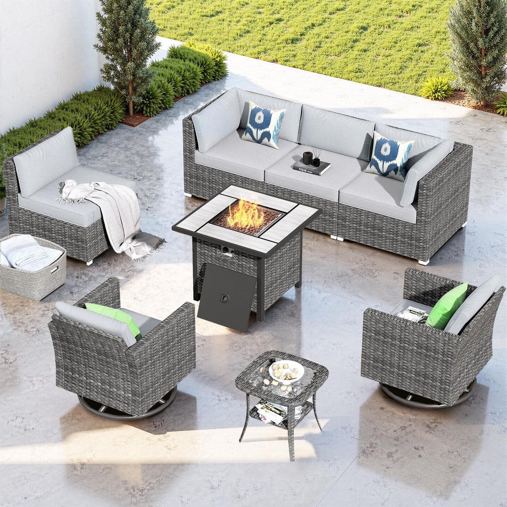 Messi Grey 8-Piece Wicker Outdoor Patio Fire Pit Conversation Sofa Set with Swivel Rocking Chairs and Grey Cushions price history on PriceWatchPro