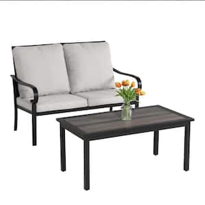 2-Pieces Metal Patio Conversation Seating Set, 1-Love seat and 1-Coffee Table, with Gray Cushions, for Garden