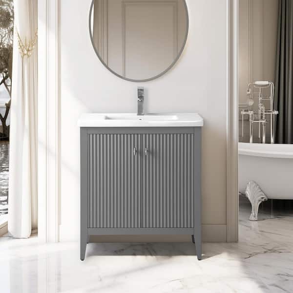 Vanity Art 30 in. W x 18.5 in D x 34 in. H Single Sink Bath Vanity Cabinet in Linear Gray with Ceramic Top