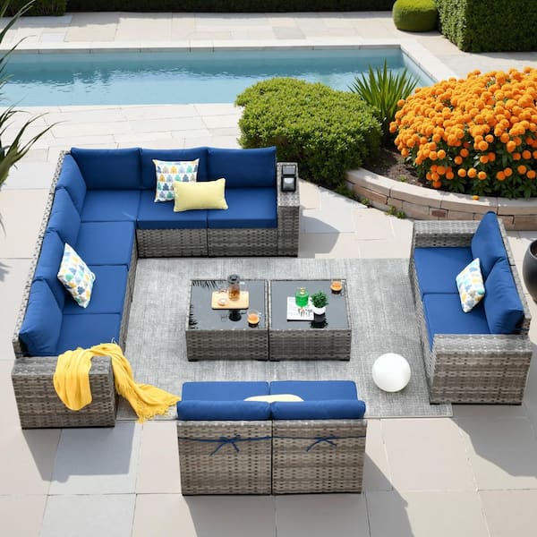 HOOOWOOO Tahoe Grey 12-Piece Wicker Wide Arm Outdoor Patio Conversation Sofa Seating Set with Navy Blue Cushions
