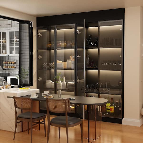 LED Lights Buffet Sideboard Cupboard Food Pantry With Tempered Glass Doors and Aluminum Framed