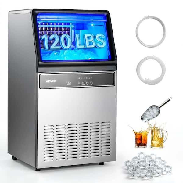 Commercial Ice Maker 17.52 in. W 120 lbs./24H Full Size Cubes Freestanding with 33 lbs. Storage Capacity LED in Silver