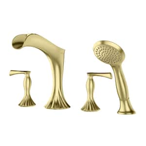 Rhen 2-Handle Deck Mount Roman Tub Trim Kit with Handheld Shower in Brushed Gold (Valve Not Included)
