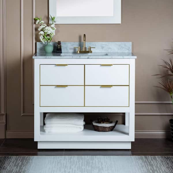 WOODBRIDGE Venice 37 in.W x 22 in.D x 38 in.H Bath Vanity in White with Engineered stone Vanity Top in Fish Belly with White Sink