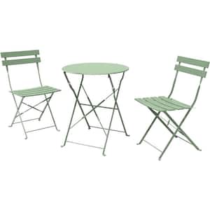 3-Piece Steel Frame Round Table Patio Outdoor Bistro Dining Set, Foldable Patio Table and Chairs Furniture, Bean Green