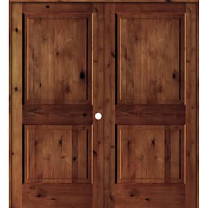 60 in. x 80 in. Rustic Knotty Alder 2-Panel Square-Top Left-Handed Red Chestnut Stain Wood Double Prehung Interior Door