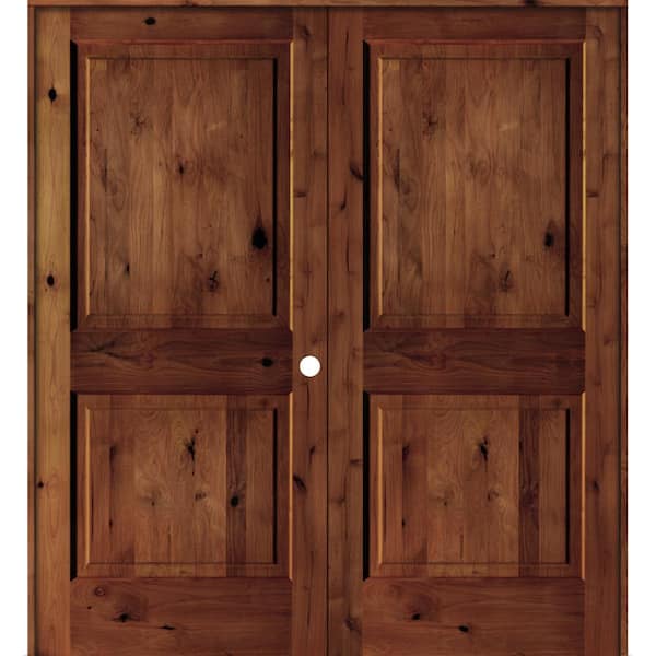 Krosswood Doors 72 in. x 80 in. Rustic Knotty Alder 2-Panel Left-Handed Square Top Red Chestnut Stain Wood Double Prehung Interior Door