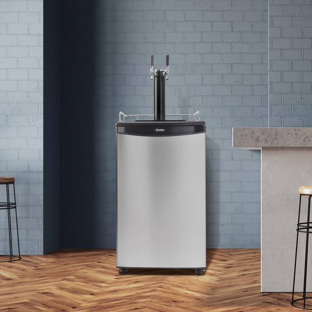 Spotless Steel and Black Dual Tap Freestanding Beverage Dispenser