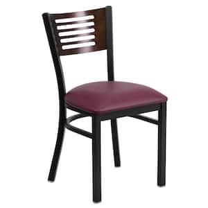 Hercules Series Black Decorative Slat Back Metal Restaurant Chair with Walnut Wood Back, Burgundy Vinyl Seat