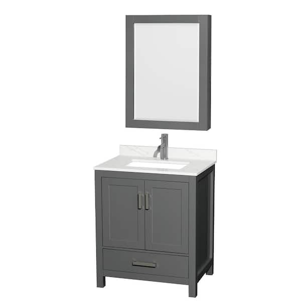Wyndham Collection Sheffield 30 in. W x 22 in. D x 35 in. H Single Bath Vanity in Dark Gray with Giotto Quartz Top and Mirror