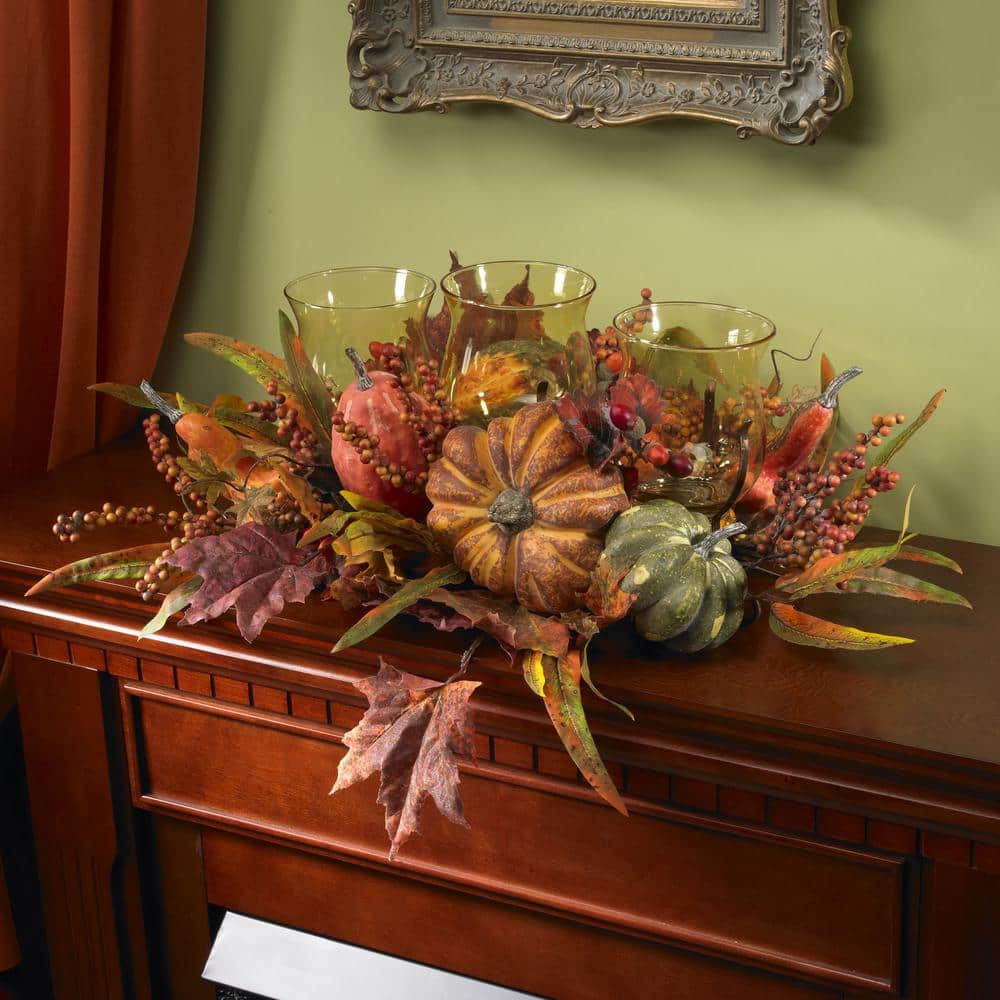 Harvest Triple Glass Candelabrum with Autumn Fruits and Foliage