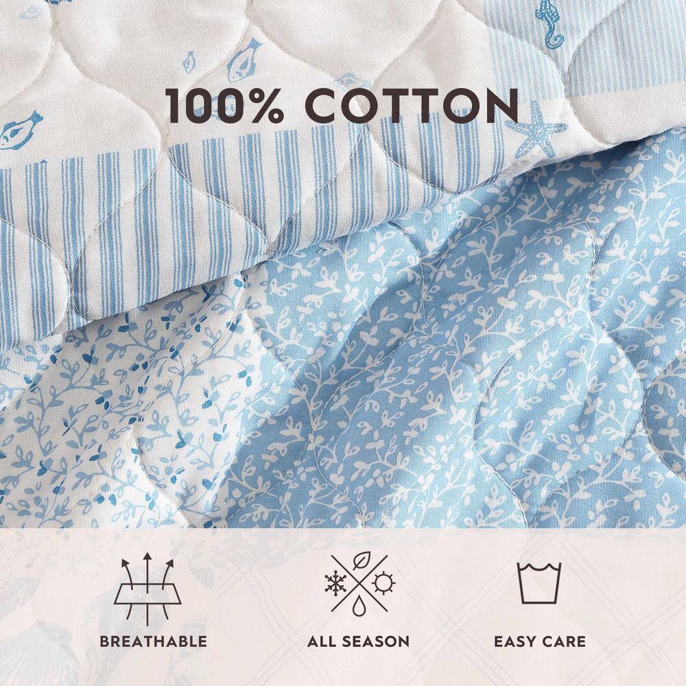 Blue Cotton Twin Reversible Quilt Set with Shams
