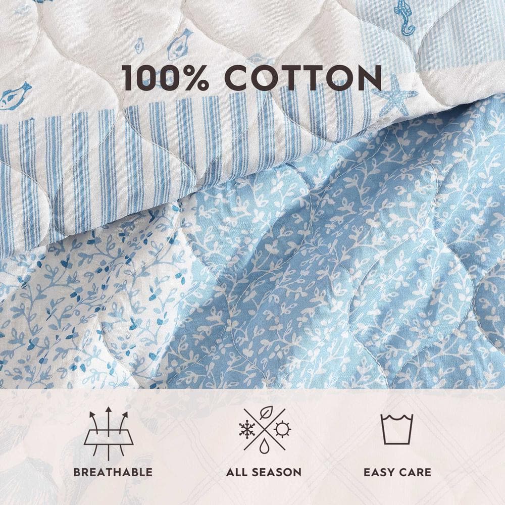 Full Blue Cotton Reversible Quilt Set with Shams
