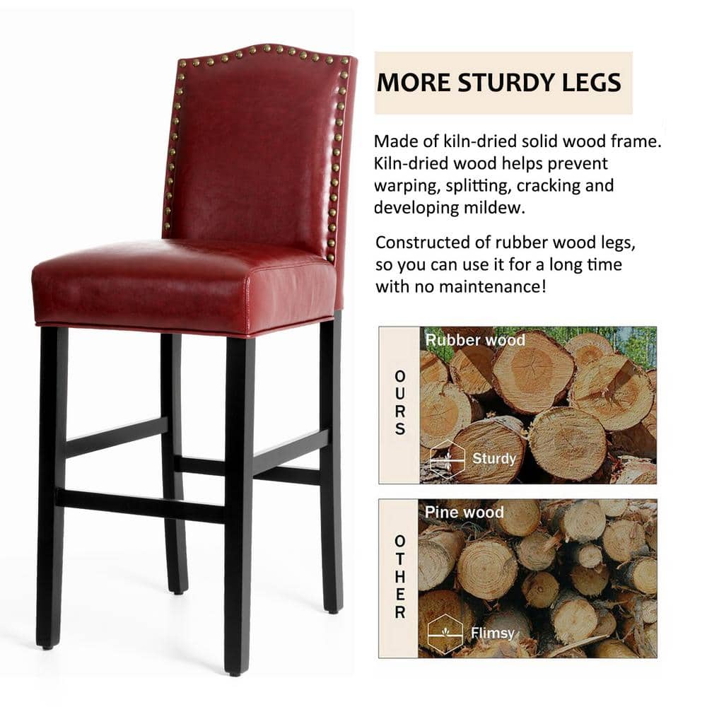Elegant Red Leatherette Adjustable Barstool Set with Studded Detail