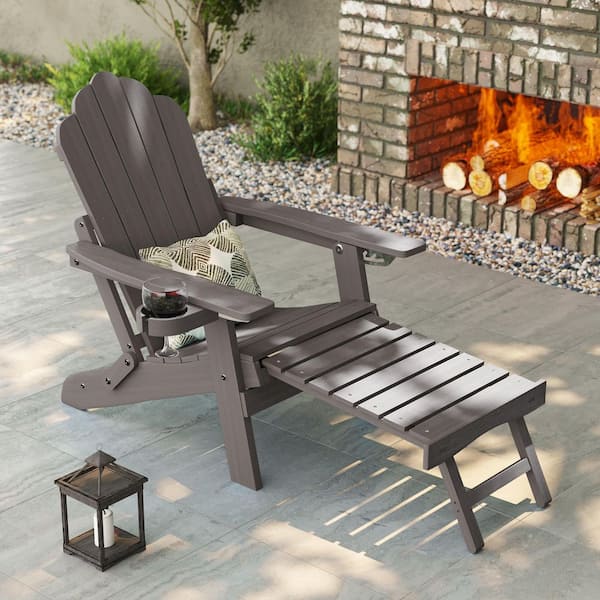 Sonkuki Brown Frame Folding Adirondack Chair with Retractable Ottoman, Weather Resistant Fire Pit Patio Chair with Cup Holder