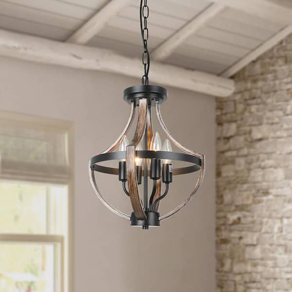 4 Lights Vintage Black Wooden Hanging Pendant Light,Farmhouse Kitchen Island Chandelier