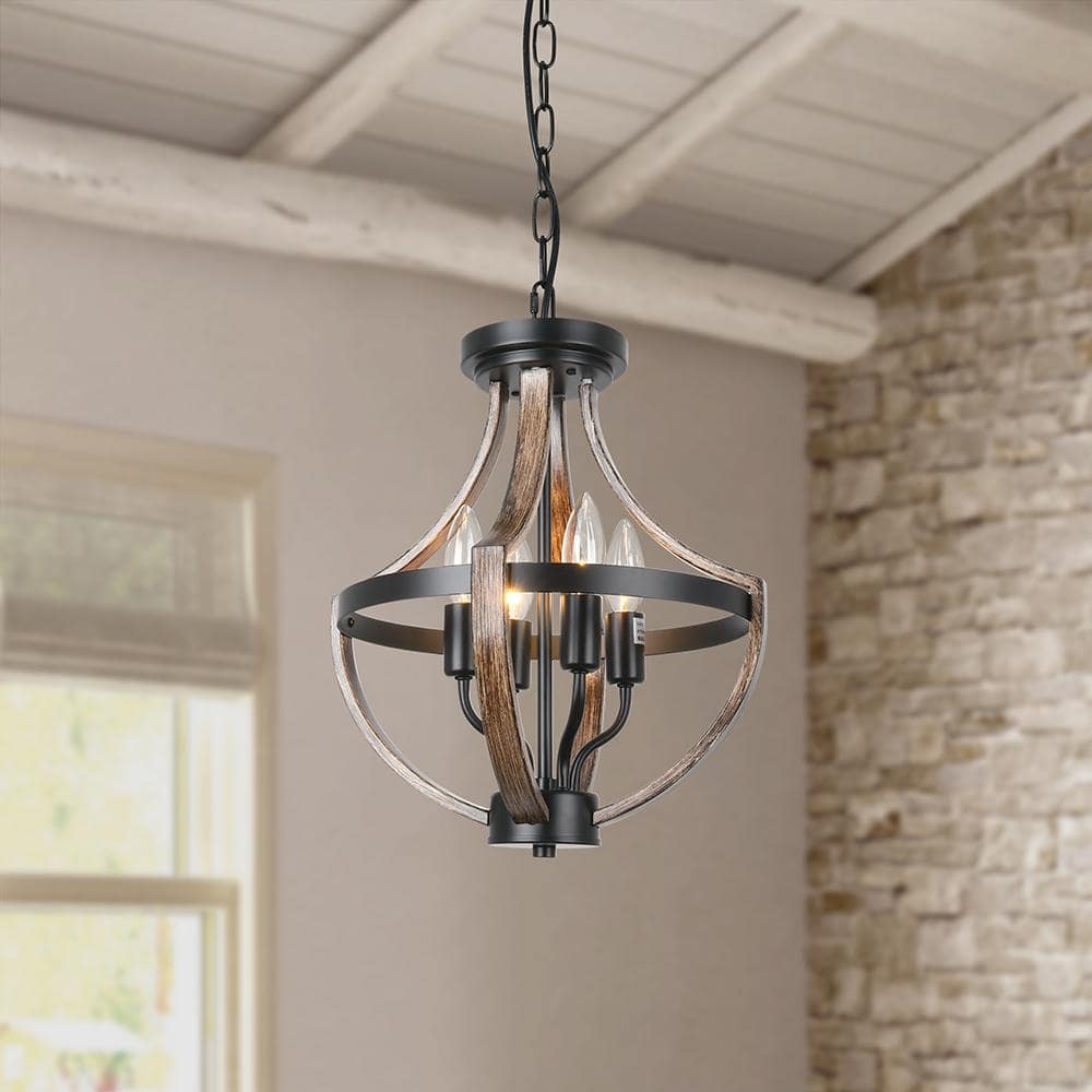 4 Lights Vintage Black Wooden Hanging Pendant Light,Farmhouse Kitchen Islan