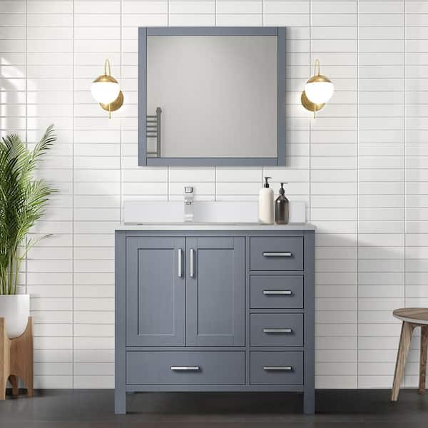 Jacques 36 in. W x 22 in. D Left Offset Dark Grey Bath Vanity, White Quartz Top, Faucet Set, and 34 in. Mirror