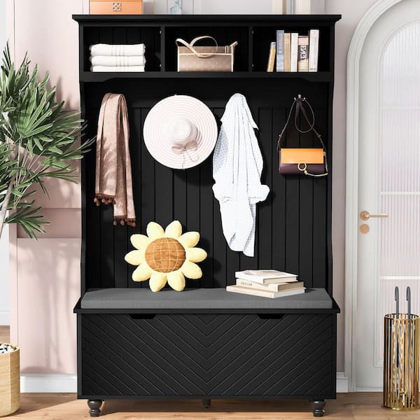 Unbranded 47.2 in. W x 15.8 in. D x 71.8 in. H Black Wood Linen Cabinet with Hall Tree, Storage Bench, 4-Hooks and Hanging Bar