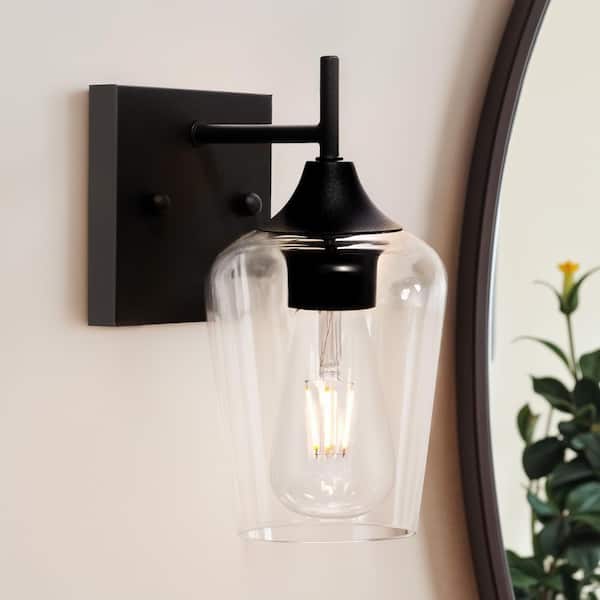 1-Light Matt Black Wall Sconce with Clear Glass Shade