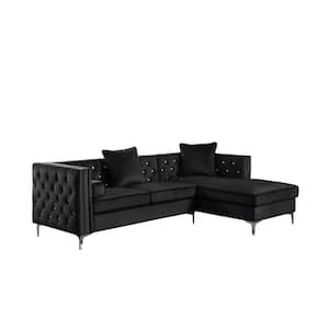 Marshall 34 in. W Arm Rest 2-Piece L Shaped Black Velvet Sectional With Tufted Crystals And Nail Head Trim
