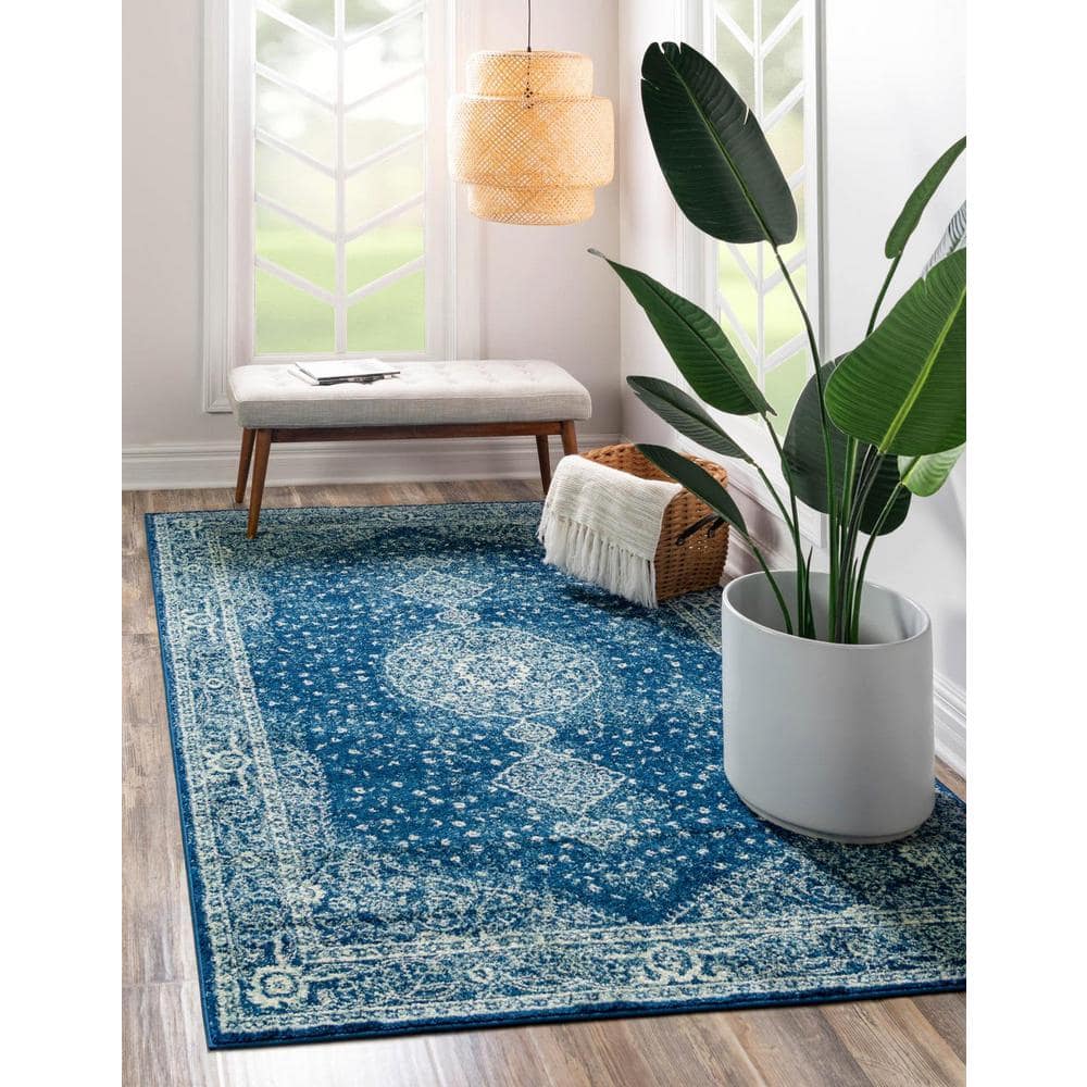 Navy Blue Medallion Synthetic 9' x 12' Rectangular Rug