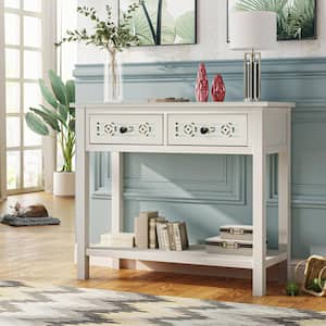 Classic 35.4 in. Ivory Rectangle Pine Console Table with Hollow-out Decoration, 2 Top Drawers and Open Shelf