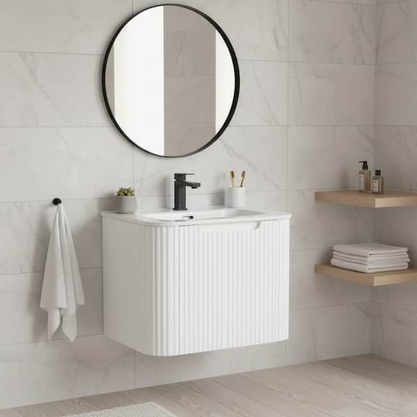 Caskvalley 24 in. Floating Bath Vanity in White with White Ceramic Sink Top Assembled