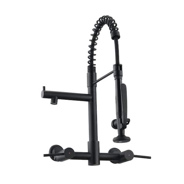 YASINU Wall Mount Double Handle Bridge Kitchen Faucet with High Pressure Sprayer in Matte Black