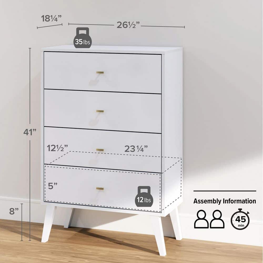 White Mid-Century Modern 4-Drawer Vertical Chest