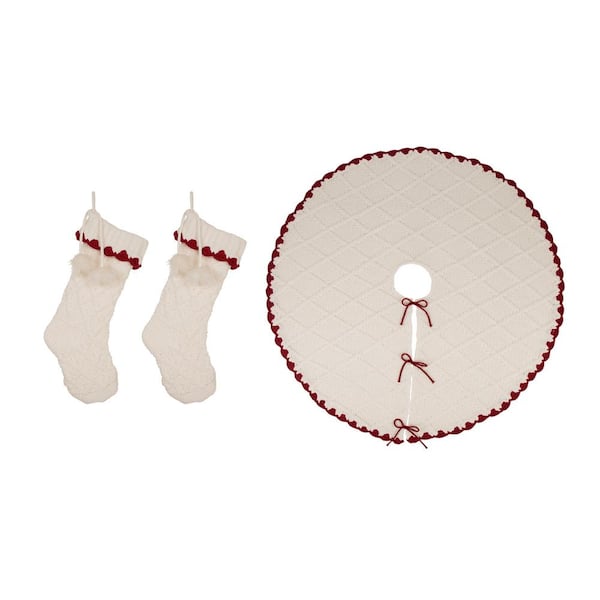 Glitzhome Set of 3 Knitted Polyester White Christmas Decoration (52 in. Tree Skirt/ 22 in. Stocking)