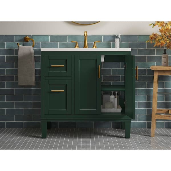KOHLER Chesil 36 in. Single Sink Freestanding Emerald Green Bath Vanity with Bianco Bella Quartz Top Assembled