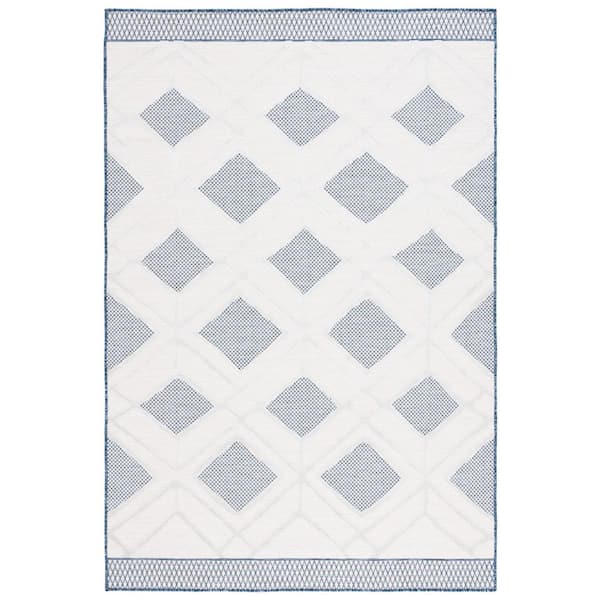 Cabana Ivory/Navy 8 ft. x 10 ft. High-Low Diamond Border Indoor/Outdoor Area Rug