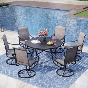 Black 7-Piece Metal Outdoor Dining Set with Round Table and Textilene Swivel Chairs