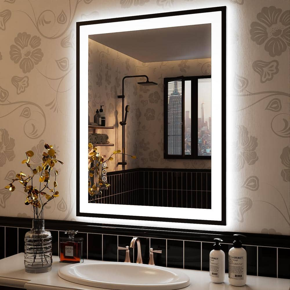 24 x 32 Shelf LED Bathroom Mirror, Frame, Touch Control, Defogger, CCT Remembrance, Wall Mounted Lighted Bathroom Mirror, Gold Frame