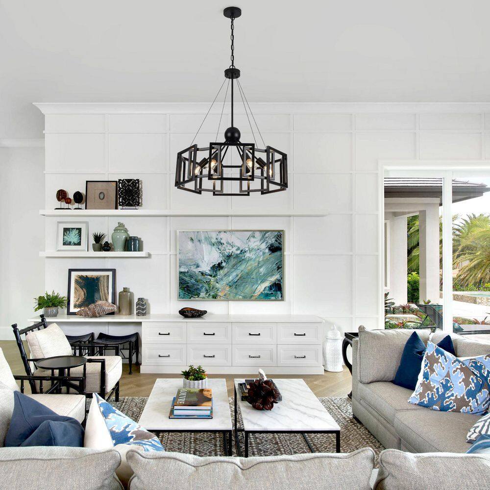 6-Light Black Farmhouse Geometric Drum Chandelier Height Adjustable Pendant Lighting Fixture for Dining Room price history on PriceWatchPro