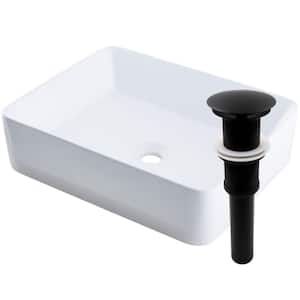 Porcelain Vessel Sink in White with Umbrella Drain Less Overflow in Matte Black