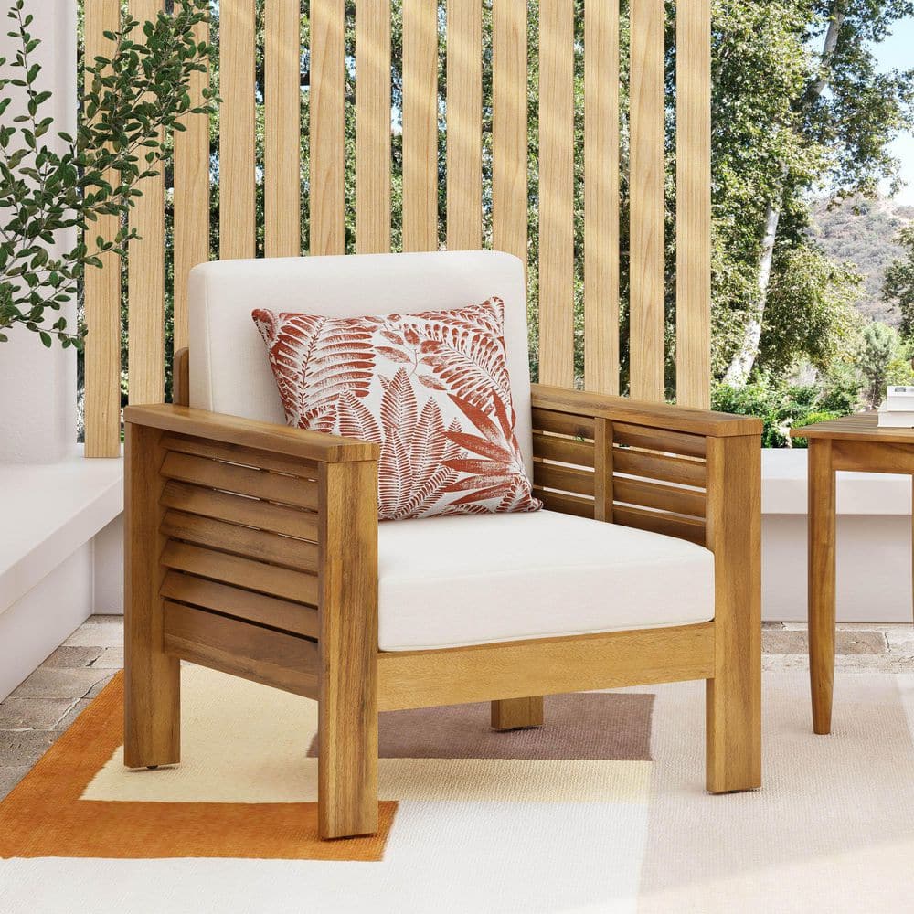 1 Acacia Wood Outdoor Club Chair with Beige Cushion, Suitable for Pool, Bal