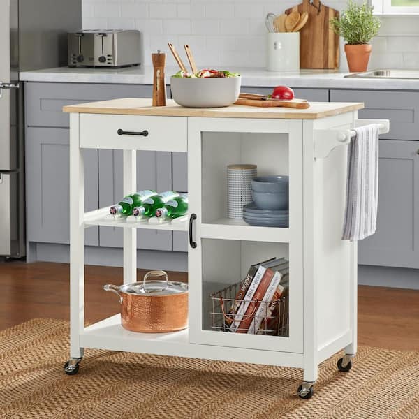 Home Decorators Collection Rockford White Rolling Kitchen Cart with Butcher Block Top and Glass-Panel Cabinet Storage (40" W)