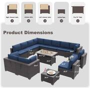 15-Piece Wicker Patio Conversation Set with 55000 BTU Gas Fire Pit Table and Glass Coffee Table and Cushions Navy Blue