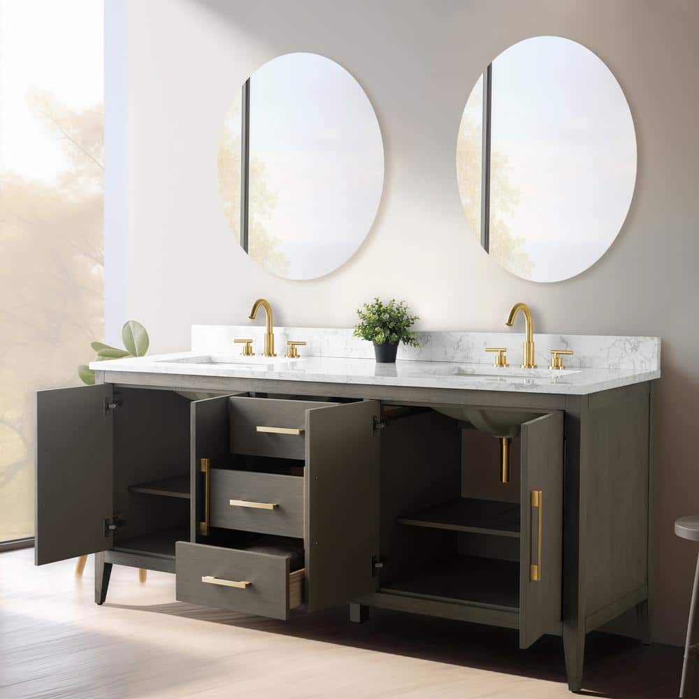 72'' Driftwood Gray Double Bathroom Vanity with Marble Top