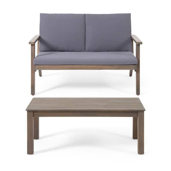 Noble House Sasha 2-Piece Gray Acacia Wood Outdoor Patio Loveseat Set with Dark Gray Cushions