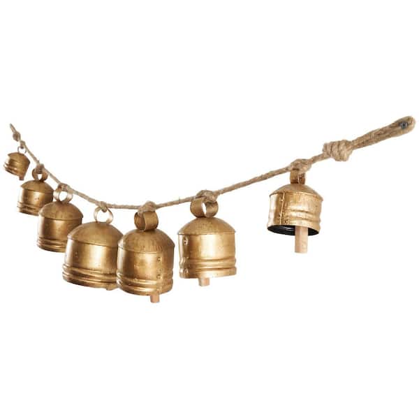 Litton Lane Gold Metal Tibetan Inspired Cylindrical Decorative Cow Bell with Jute Hanging Rope (3- Pack), Antique Gold