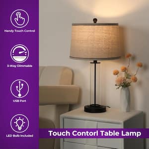 24.4 in. Bedside Black Table Lamp for Bedroom Nightstand 3-Way Dimmable Touch Lamp with USB Charging Port Bulb Included